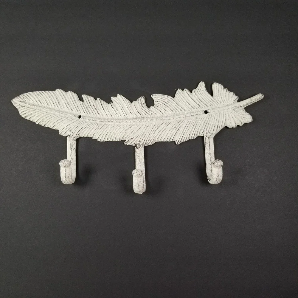 Cast Iron‎ Feather Wall Hook Rack 3 Hooks Distressed White Rustic Farmhouse 11.5